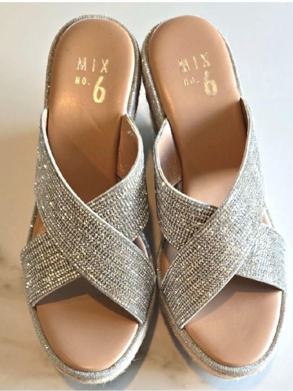 Mix No. 6  Jennessa Espadrille Wedge Sandals Silver Shimmer Rhinestones Size 8